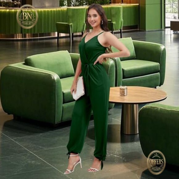 V Neck Sleeveless Jumpsuit Adjustable Spaghetti Strap Split Long Romper with - Picture 6 of 7